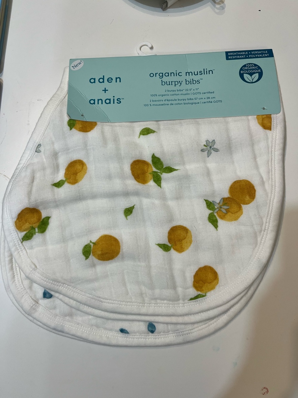 aden + anais Muslin Burpy Bibs - White with Yellow and Green Citrus Print